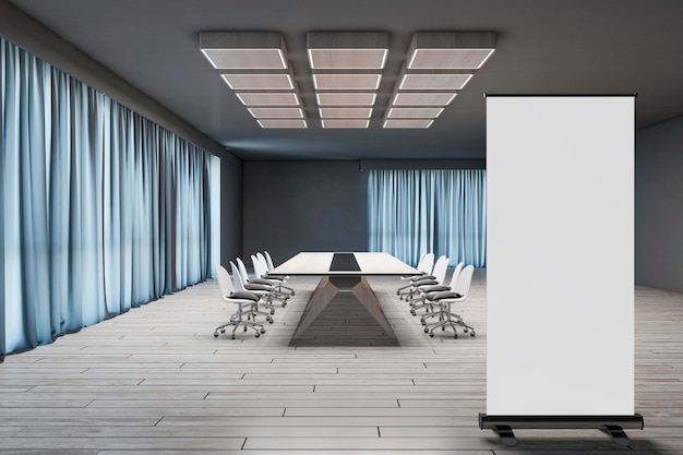 Modern conference room interior with blank white mock up roll up banner furniture wooden flooring and blue curtains Boardroom concept 3D Rendering