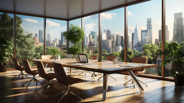 Modern conference room interior with city view and daylight 3D Rendering