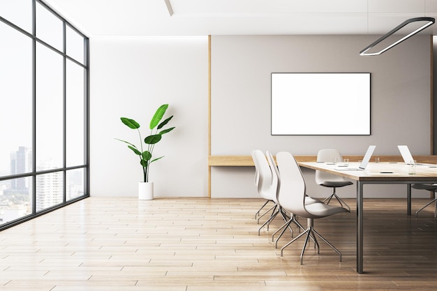 Modern conference room interior with empty white mock up billboard on wall wooden flooring negotiations furniture and panoramic window with city view 3D Rendering