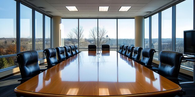 Foto interno moderno della sala conferenze con finestre panoramiche nessuno dentro