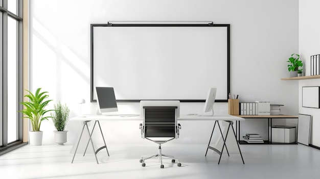 Modern Conference Room with City View and Empty Whiteboard