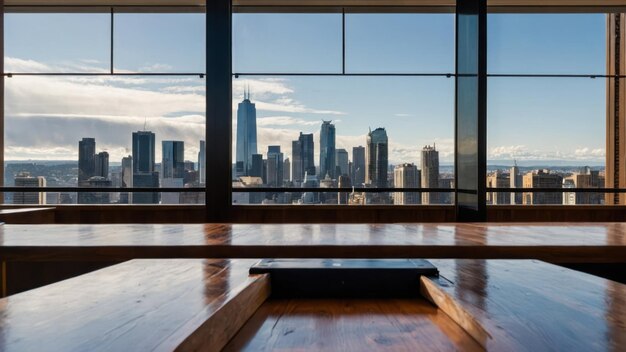 Photo modern conference room with panoramic cityscape view through windows