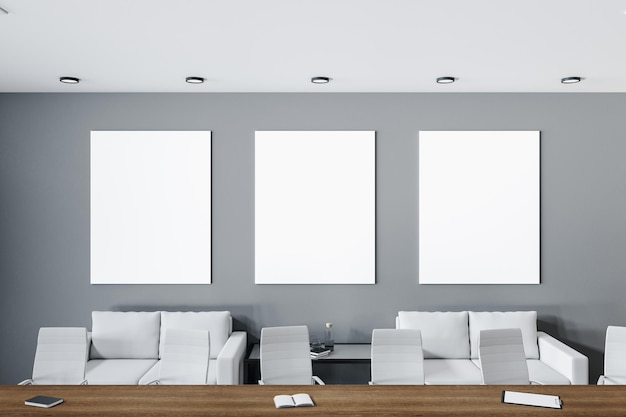 Modern conference room with three blank banners gray wall