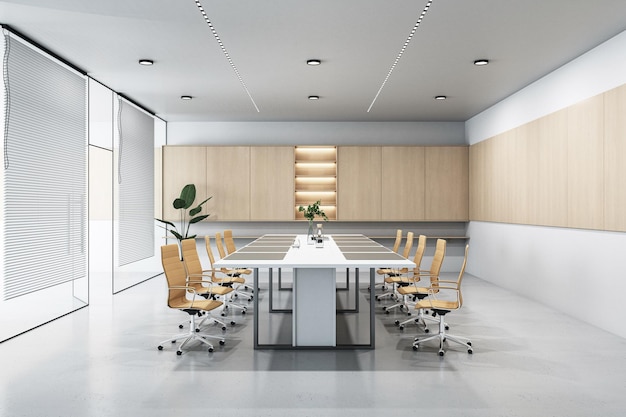 Modern conferentiekantoor kamer interieur ontwerp die enorme witte vergadertafel omgeven door stoelen op betonnen vloer houten wanddecoratie achtergrond glazen partitie en licht plafond 3D-rendering