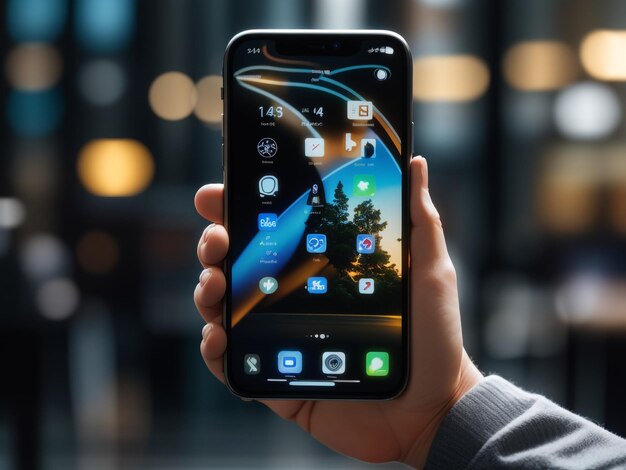Foto mano di connettività moderna che tiene iphone 14 pro