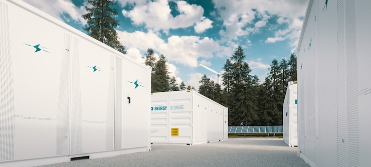 Photo modern container battery green energy storage system accompanied with solar panels and wind turbine situated in nature 3d rendering.