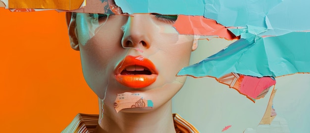 Photo modern contemporary art collage with colorful lightnings young man in stylish youth clothes with female mouth and lips isolated on a bright abstract background party time happy atmosphere