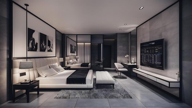 Modern contemporary bedroom interior in black and white color 3d rendering