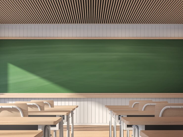Photo modern contemporary classroom with empty blackboard 3d renderdecorated with wooden student desks