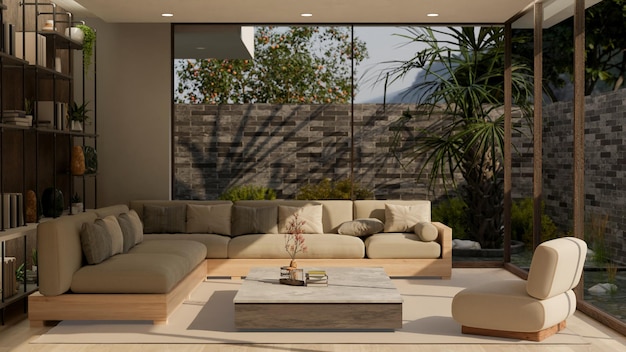 Modern contemporary and comfortable home living room with
outdoor garden and fish pond