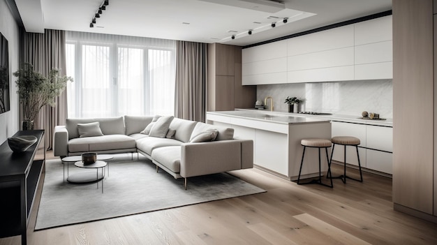 현대적인 디자인의 주방 공간 인테리어 식탁과 의자가 있는 쪽모이 세공 마루 바닥