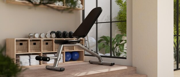 Modern contemporary home exercise fitness space with sport bench shelves with sport equipments