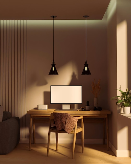 Photo modern contemporary home workspace in living room interior with computer and decor on wood table