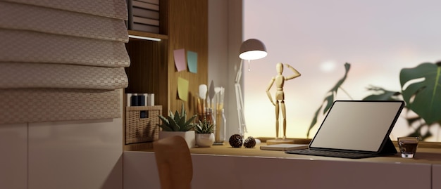 Modern contemporary home workspace with portable tablet mockup\
on table in the low light office room