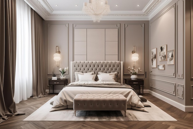 Modern contemporary loft bedroom Luxurious large bedroom Luxury double bedroom with golden furniture in royal interior Luxurious bedroom with gilt double bed and bedside tables Generative AI