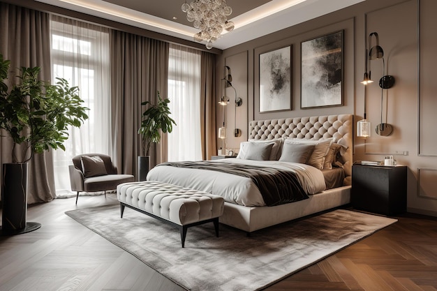 Modern contemporary loft bedroom Luxurious large bedroom Luxury double bedroom with golden furniture in royal interior Luxurious bedroom with gilt double bed and bedside tables Generative AI