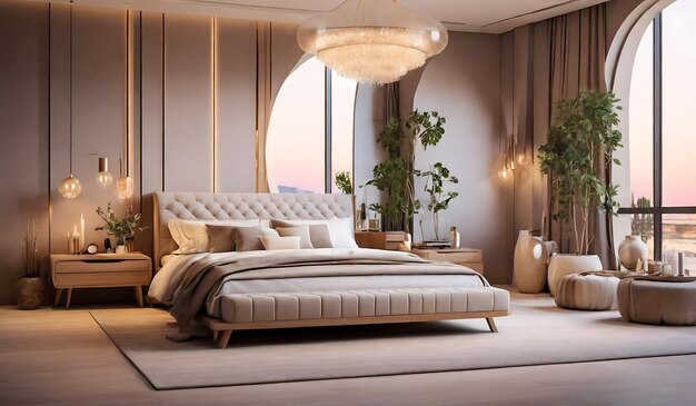 Modern contemporary loft bedroom with open door to garden 3d render The Rooms AI Generated