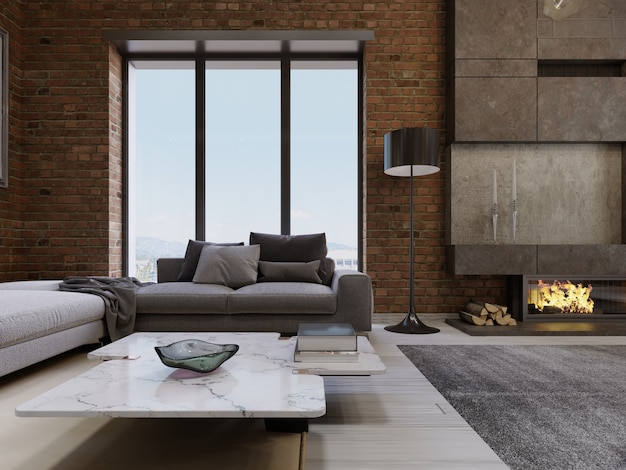 Modern contemporary loft design living room apartment interior. 3d rendering