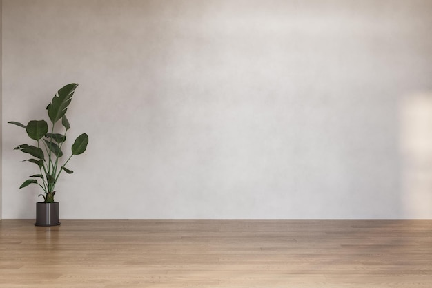 現代的なベージュ色の壁付きの空き部屋.部屋にはパルケットの床があり,植物の窓があります.