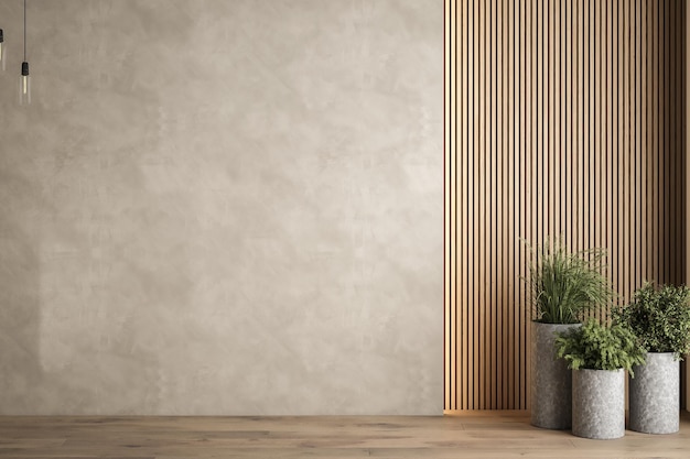 modern contemporary loft empty room with open door to garden 3d render the room have concrete and wooden plank wall parquet floor plants panoramic window
