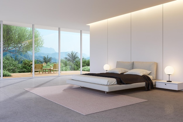Современная спальня в стиле лофт с видом на горы 3D-рендер