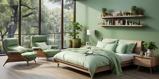 Modern contemporary loft style bedroom with tropical style garden view 3d render