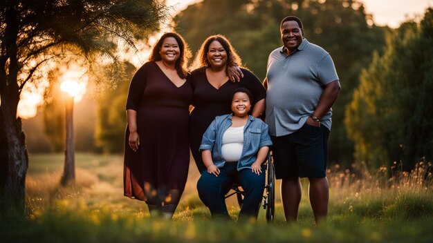 Modern contemporary mixed race open family enjoying outdoors in middle season at sunset