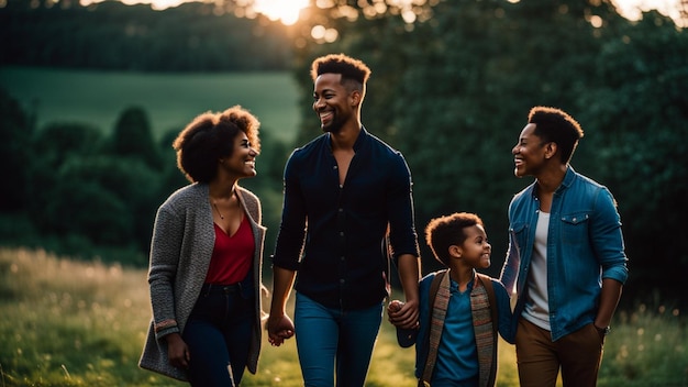 Modern contemporary mixed race open family enjoying outdoors in middle season at sunset