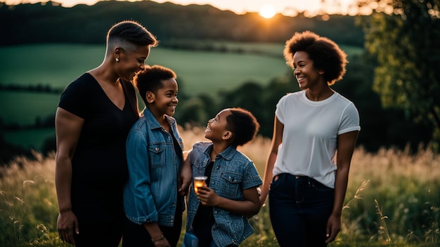 Modern contemporary mixed race open family enjoying outdoors in middle season at sunset