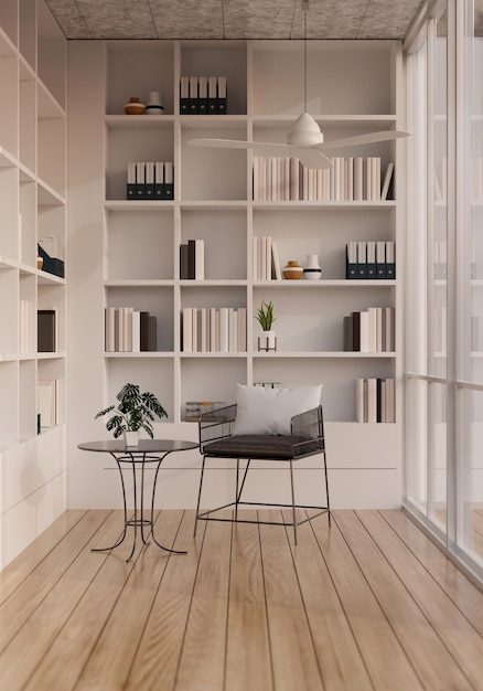 Modern contemporary reading room or library interior design\
with modern white builtin bookshelves