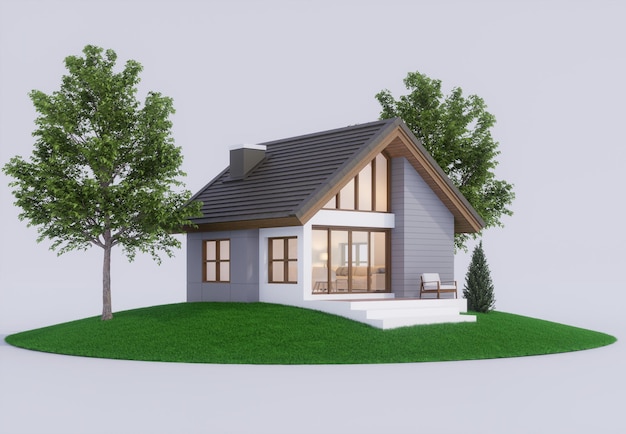 Modern contemporary small house on the grass hill isolated on gray background 3d render