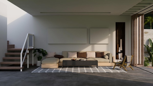 Современный современный просторный интерьер гостиной с угловым диваном с бездельничающей 3d визуализацией