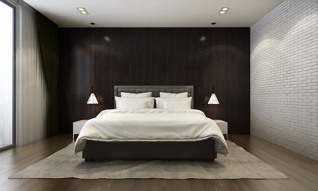 Rendering 3d della camera da letto moderna in stile contemporaneo ci sono pavimenti in legno decorati con letto in tessuto bianco e sfondo nero con texture della parete