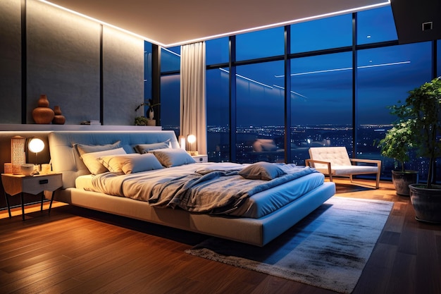 Modern contemporary style interior bedroom design decorate with comfortable bed Generative Ai