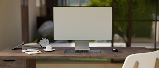 Modern contemporary vintage workspace with computer and office accessories on rustic wood table