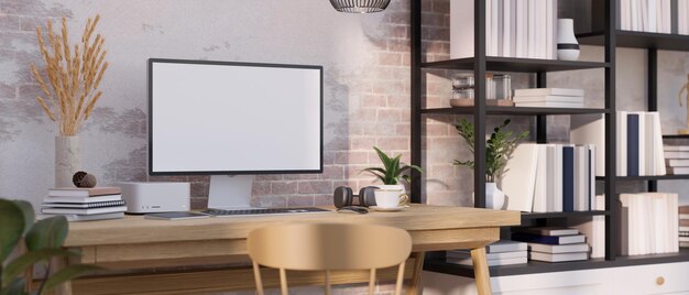 Foto sala di lavoro moderna e contemporanea con mockup di computer su un tavolo di legno contro un muro di mattoni