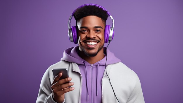 笑顔と幸せな態度でヘッドフォンで音楽を聴く現代的でクールなアフリカ系アメリカ人男性