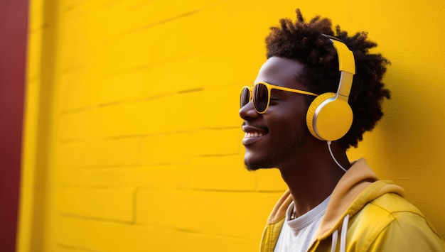 Modern and cool american man listening music on headphones with smiley and happy attitude