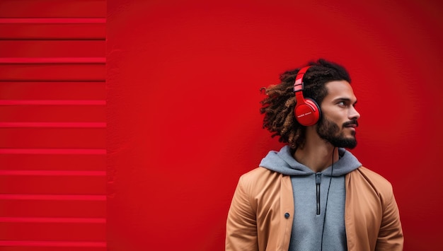 Photo modern and cool american man listening music on headphones with smiley and happy attitude