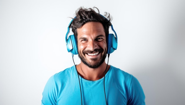 Modern and cool american man listening music on headphones with smiley