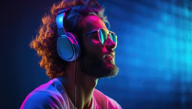 Modern and cool american man listening music on headphones with smiley