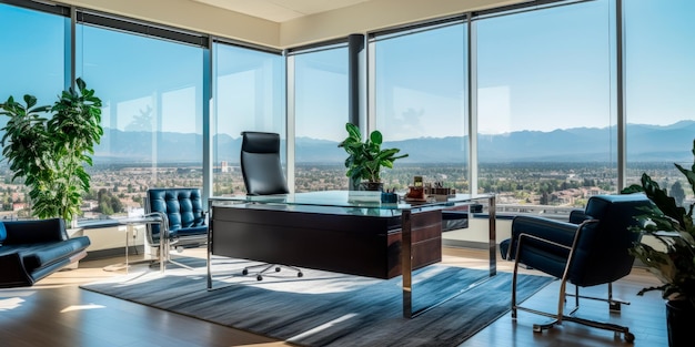 a modern corner office with upscale furnishings and a panoramic view