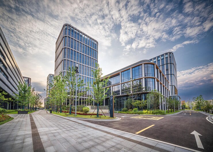 Photo modern corporate complex with green landscaping