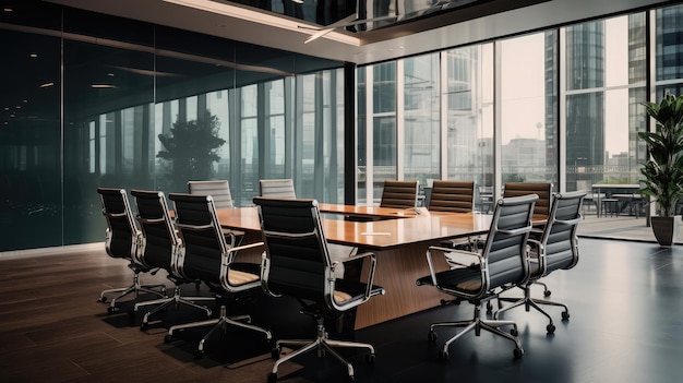 modern corporate conference room captured in a highquality photograph showcasing an empty interior with polished surfaces ergonomic chairs and a large conference table