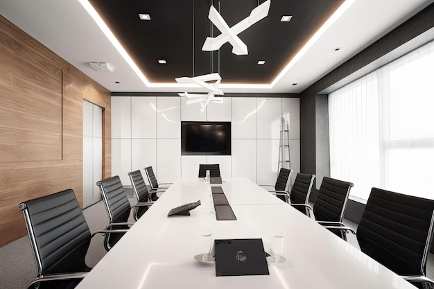 Modern corporate meeting room with sleek furniture and hightech equipment created with generative ai