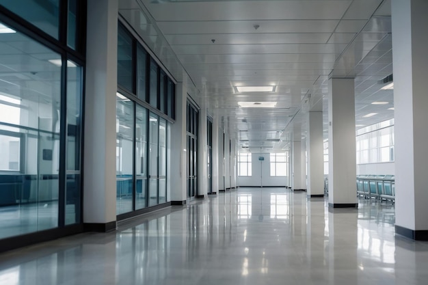 Modern corporate office hallway with windows
