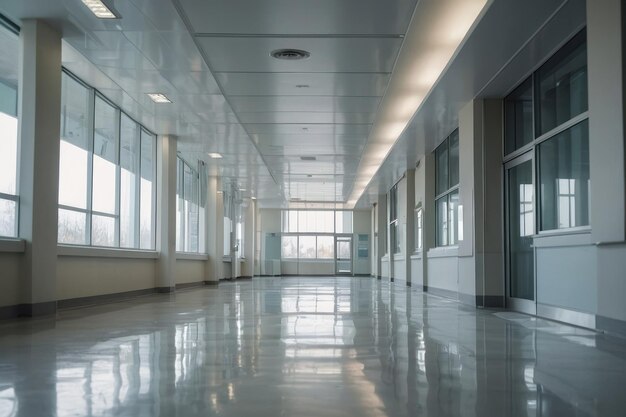 Modern corporate office hallway with windows