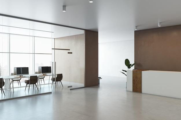 Modern corporate office interior with glasswalled workspace and reception desk featuring minimalistic design and natural light 3D Rendering