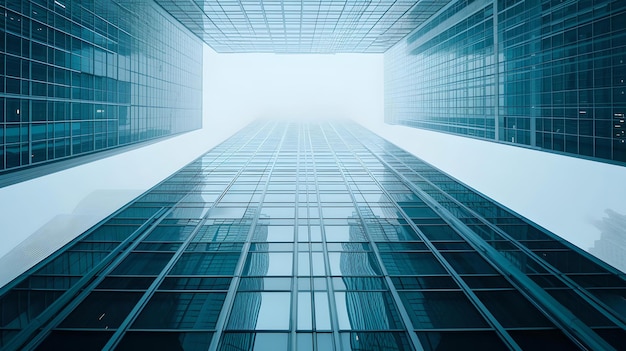 Современный корпоративный небоскреб поднимается к небу городская архитектура бизнес-концепция с копировальным пространством симметричный дизайн в синем тоне ИИ