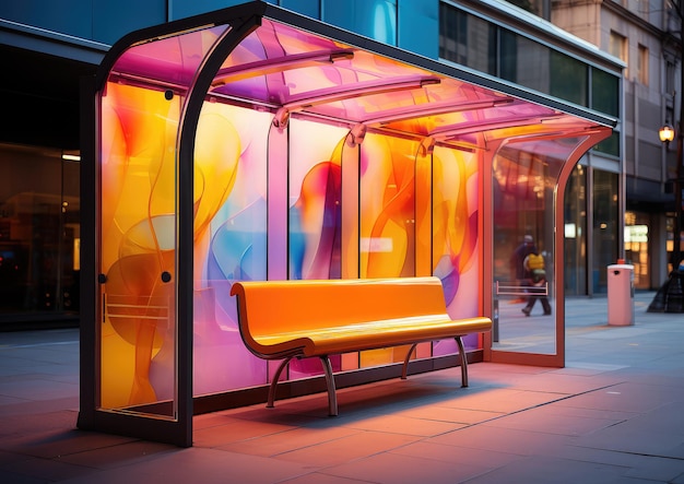 Modern Cosy Colorful Bus Shelter on a Sidewalk extreme closeup Generative AI